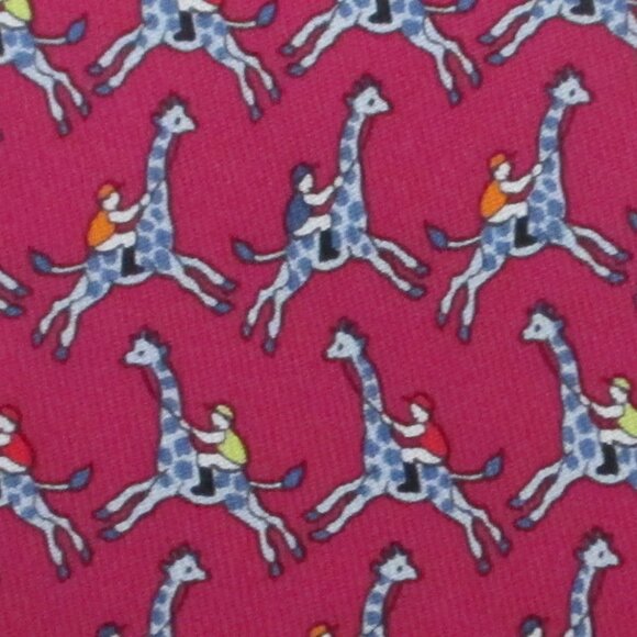 100% REAL HERMES TIE ~ DARKER RED w/ FUN ORANGE BLUE GIRAFFE JOCKEYS RACING XL
